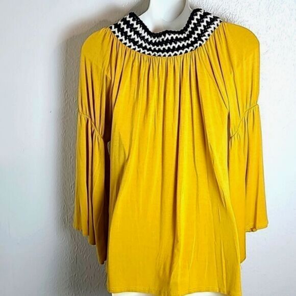 Voll by Chicos Gold Blouse with Black & White Braided Cowl Neckline, Size Small - Picture 5 of 7